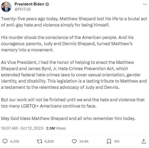 President Biden Commemorates The 25th Anniversary Of Matthew Shepard S